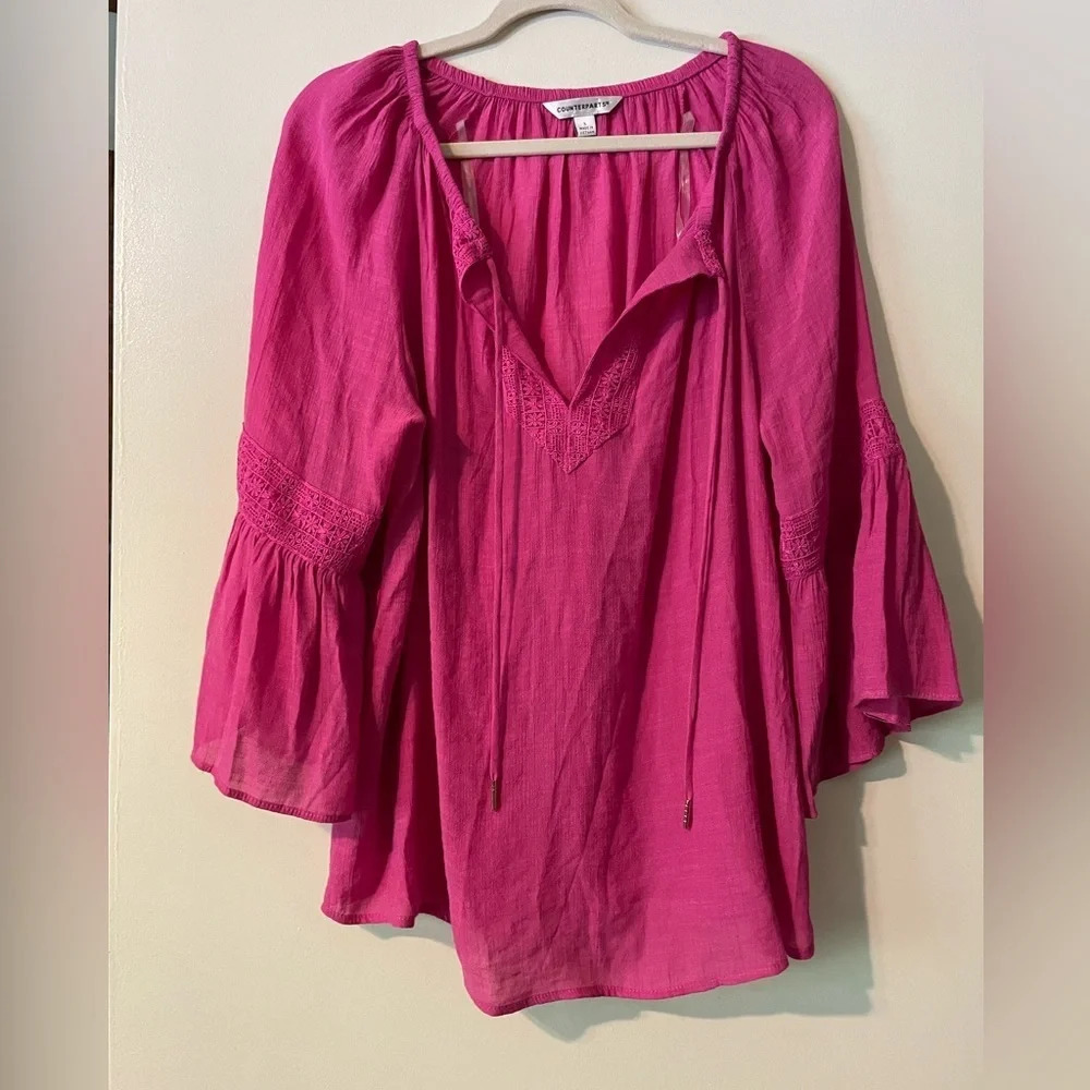 Pink Gauzy Boho Bell Sleeve Counterparts Blouse Size Large